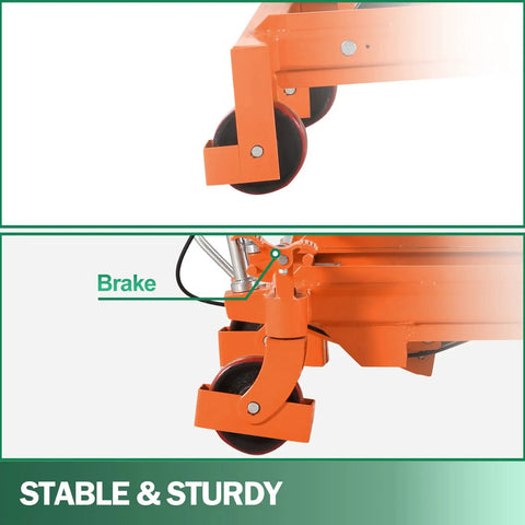 Close-up of wheels and brake on Beefy Heavy Duty Double Scissor Lift Table Cart With 59 Inch Lift Height