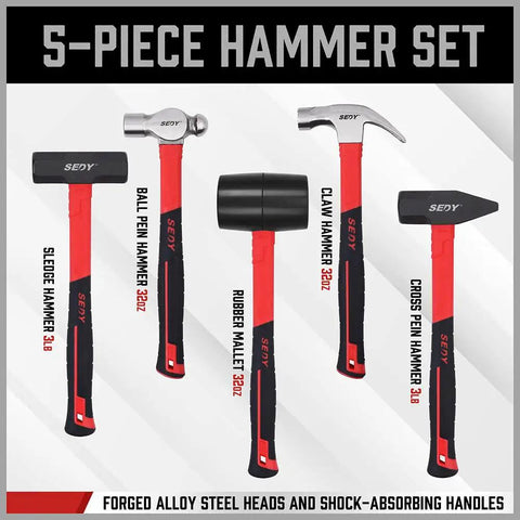 Five Piece Hammer Set For Home Workshop, Includes 24oz Ball Pein Hammer, 22oz Claw Hammer, 32oz Rubber Mallet, 3lb Sledge Hammer, And 3lb Cross Pein Hammer