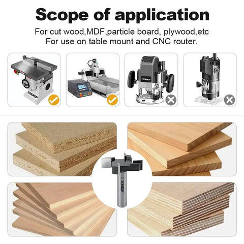 Application uses for CNC Spoilboard Surfacing Planer Router Bit 1/2 Inch Shank 2 Inch Cutting Diameter on various woods and routers