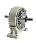 Magnetic powder brake with base; gray metal housing, mounting feet, side view and central shaft.