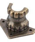 Close-up of antique beast feet leg corner protector, bronze zinc alloy, for wooden jewelry boxes and small furniture, with screw holes.