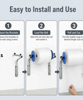 No Sweat Wall Mount Bubble Wrap Roll Dispenser With Flexible Snap Connector And Secure Side Locks For Pro Warehouse Shipping Or Heavy Weekend Moving Day Packing Jobs installation steps showing mounting, loading, and cutting bubble wrap.