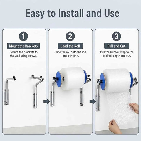 No Sweat Wall Mount Bubble Wrap Roll Dispenser With Flexible Snap Connector And Secure Side Locks For Pro Warehouse Shipping Or Heavy Weekend Moving Day Packing Jobs installation steps showing mounting, loading, and cutting bubble wrap.