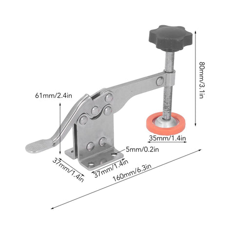 4 Pack Stainless Steel Toggle Clamp Set With Anti Slip Rubber Tips, horizontal clamp with dimensions shown, side view