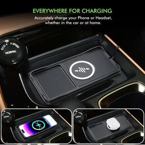 Slick Dual Zone Wireless Charging Mount For Chevrolet Silverado EV Center Console Qi Standard Fast Power Hub Slide In Slot with phone and headset