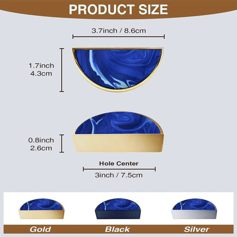 Product size illustration of 2 Pack Monochrome Blue Fluid Swirl Cabinet Pulls With Gold Semicircle Drawer Handles, 3 inch center hole