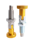 Heavy Hitter M6 M8 M10 Self Locking Spring Plunger With Premium Aluminum Knurled Knob, two indexing pins with aluminum grips.