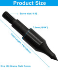 12 Pack 100 Grain Archery Field Points For 19 64th Inch Arrows, High Carbon Steel Construction, Black Finish, Size Details