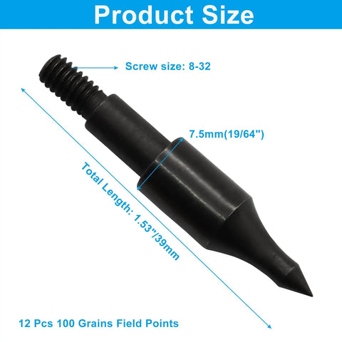 12 Pack 100 Grain Archery Field Points For 19 64th Inch Arrows, High Carbon Steel Construction, Black Finish, Size Details