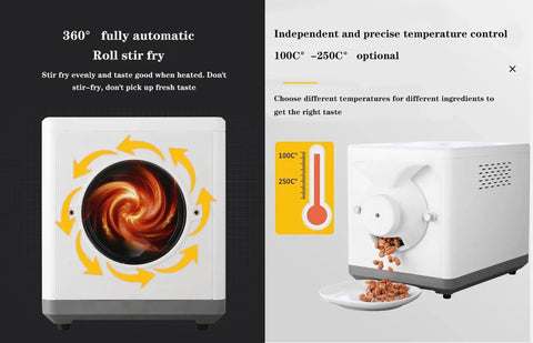 Electric Coffee And Nut Roaster Machine 1600 Watt Automatic Stirring Non Stick Pan showing auto stir fry feature and temperature control.