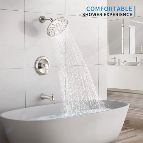 4-Way Tub and Shower Faucet Set With Rough-In Valve Included, 9-Inch Rain Shower Head, Tub Spout in Brushed Nickel installed