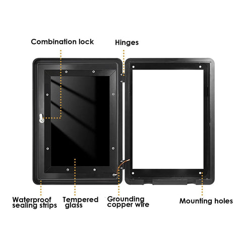 Heavy Duty EV Charger Enclosure Wall Mount Station Box With IP65 Waterproof Rain Protection And Kickass Weatherproof Steel Housing For Electric Vehicles Black showing combination lock, tempered glass, and hinges.