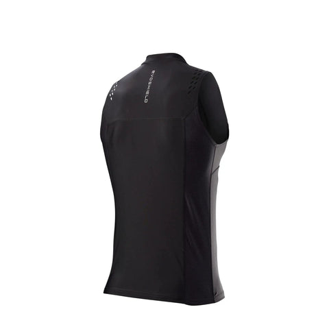 Back view of NOCSAE Protective Chest Guard Shirt for Adults, Sleeveless Compression Top With Removable Guard Pocket, Large Black