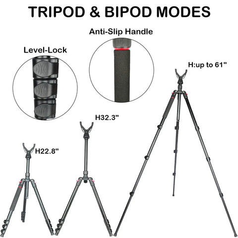 All Terrain 3 In 1 Adjustable Rifle Shooting Tripod Monopod And Bipod with level lock and anti-slip handle