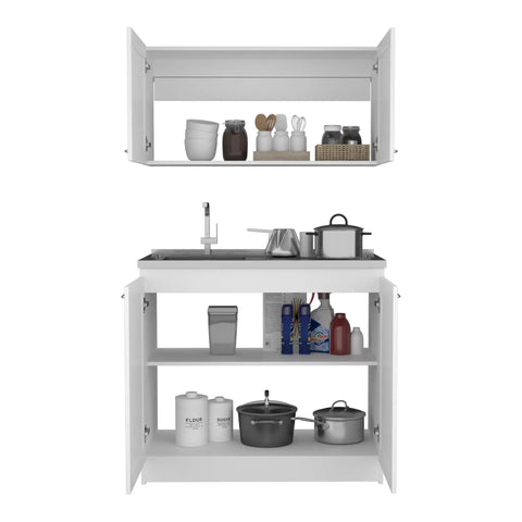 Slick White Two Piece Cabinet Set For Living Room Or Bedroom, with upper shelf storing jars and lower stand with kitchenware.