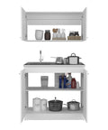 Premium White Two Piece Cabinet Set With Matching Countertops showcases open shelves with various kitchen items and a sink.