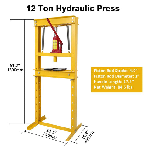 12 Ton Yellow H Frame Hydraulic Press For DIY Pros And Weekend Warriors With Four Height Adjustable Plates, front view