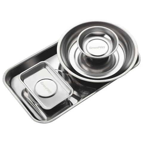 Four Piece Magnetic Tray Set In Stainless Steel With Strong Magnets Includes 3 Inch 6 Inch Square And Shallow Trays For Garage Workshop And DIY Organization That Keeps Your Parts Snug And Small Hardware Like Nuts Bolts And Screws In Place