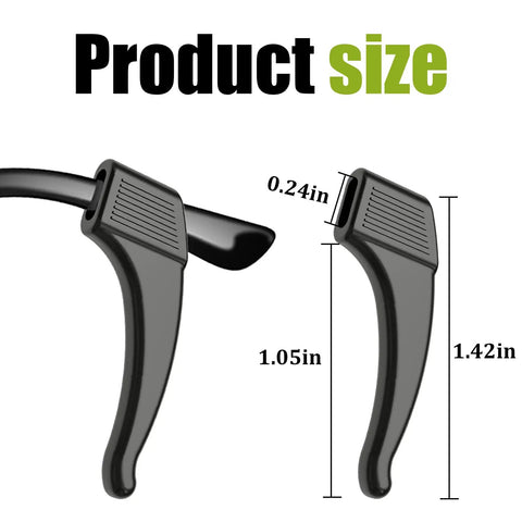 Close-up of black silicone ear grips, featuring product size for 20 Pairs No Slip Eyeglasses Ear Grips Hook Silicone Temple Tips Sleeve Retainer.