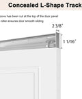 Concealed Barn Door Kit 36x84 With Soft Close Hardware And Matte Black Pulls White Primed Solid Core Hidden Door for 32 to 34 by 80 openings, close-up of L-shape track