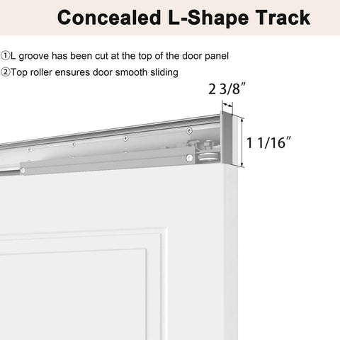 Concealed Barn Door Kit 36x84 With Soft Close Hardware And Matte Black Pulls White Primed Solid Core Hidden Door for 32 to 34 by 80 openings, close-up of L-shape track