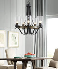 Black farmhouse chandelier with ripple glass shades above dining table in bright room, featuring Three Light Modern Farmhouse Chandelier With White Fabric Shade For Dining Room Living Room Foyer Hallway Ceiling Light, Adjustable Rods, Easy Install, Rustic Chic Vibe For Your Home.