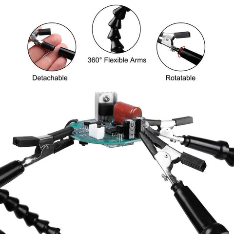 Five Flexible Soldering Helping Hands With 3X Magnifying Glasses, Third Arm Tool showing 360° rotatable detachable arms and clips.