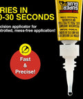 Close-up of clear instant bonding glue with precision tip showing fast dry time for wood, metal, plastic, and ceramics repairs.