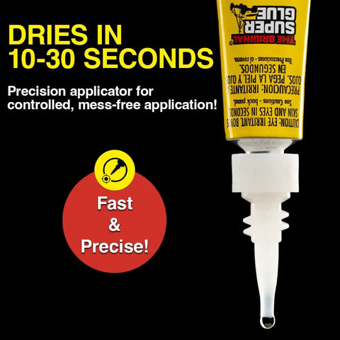 Close-up of clear instant bonding glue with precision tip showing fast dry time for wood, metal, plastic, and ceramics repairs.
