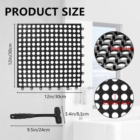 Diagram showing Interlocking 12x12 Inch Floor Tiles 12 Pack Soft PVC Non Slip Drainage Tiles With Holes for wet areas, black.