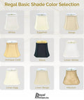 Chart showing nine lamp shade colors, including white, eggshell, beige, antique gold, black, and more from Royal Designs Inc.
