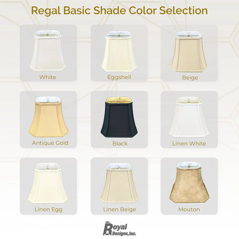 Chart showing nine lamp shade colors, including white, eggshell, beige, antique gold, black, and more from Royal Designs Inc.