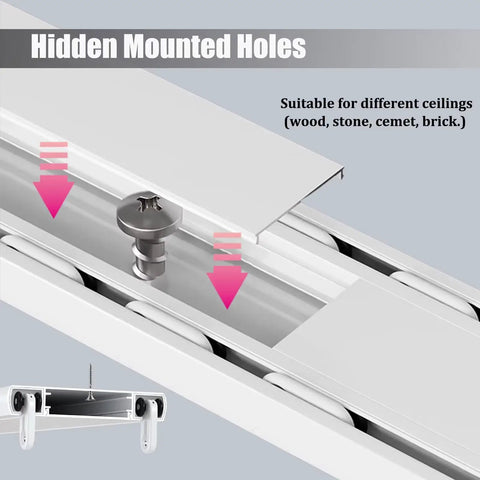 Ceiling Mounted Double Curtain Track System In Aluminum, White Finish, Silent Rails, 2.4m Length (7.9ft), Heavy-Duty Glide For Thick Curtain Panels Up To 88lbs. Hidden mount holes