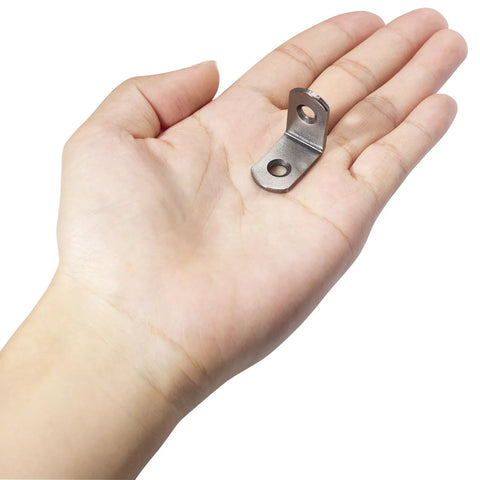 Hand holding a 1-inch L Shaped Corner Bracket 1 Inch Right Angle Metal Support For Wood Shelves Cabinets Furniture Desks Drawers Pack Of 16 With Screws Gun Metal Black Finish