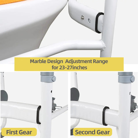 Ultimate Toilet Safety Rail With Padded Arms, adjustable height shown in 23-27 inches marble design adjustment range, close-up view