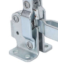 Close-up of Beefy Heavy Duty Toggle Clamp With 227kg Clamping Power, Vertical Push Pull Design, iron body detail.
