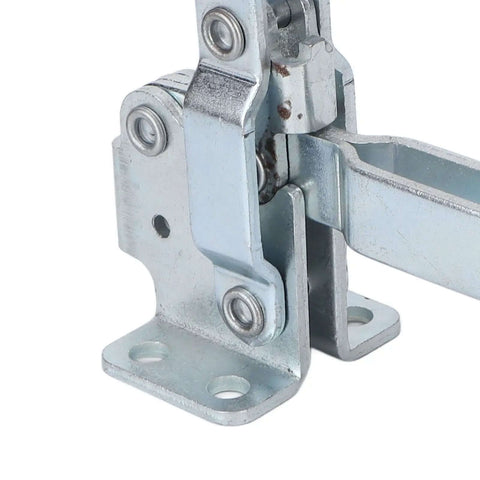 Close-up of Beefy Heavy Duty Toggle Clamp With 227kg Clamping Power, Vertical Push Pull Design, iron body detail.
