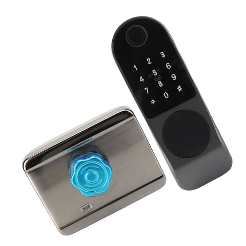 Rock Hard Aluminum Alloy Smart Deadbolt Featuring Rapid Fingerprint Reader with keypad and touch sensor for secure access.
