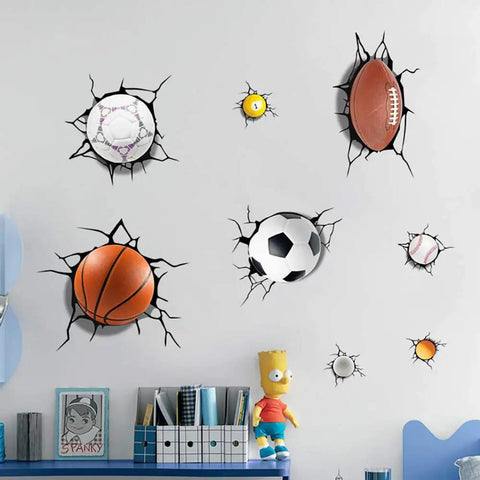 3D Dope Sport Ball Wall Stickers Break Through Kit For Basketball, Football, Rugby, Baseball DIY Sports Decor for boys' playroom