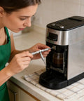 Woman using 40 Piece Ratchet Tool Kit for Home and Professional Use with Magnetic Bits Detachable T Handle on coffee machine.