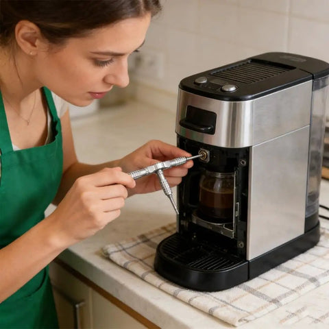 Woman using 40 Piece Ratchet Tool Kit for Home and Professional Use with Magnetic Bits Detachable T Handle on coffee machine.