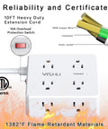 10 Foot Extension Cord Heavy Duty Surge Protector Power Strip With Eight Outlets And Four USB Ports Three Side Outlet Extender