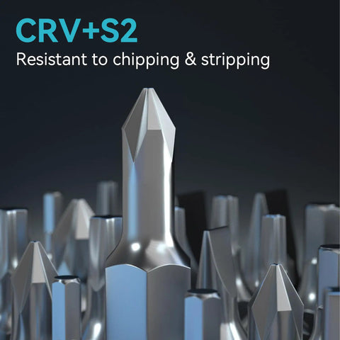 Close-up of 25 In 1 Magnetic Precision Screwdriver Set Compact Mini Repair Kit showing CRV+S2 bits resistant to chipping.