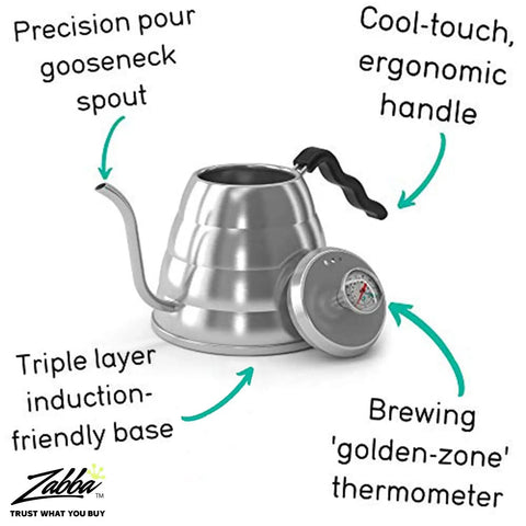 Gooseneck Kettle With Thermometer 34oz Stainless Steel Pour Over Coffee Maker And Tea Kettle shown with lid off and spout visible