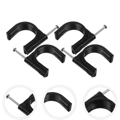 100 Piece 25mm Round Black Plastic Tubing Clamps With Steel Nails, shown in close-up, for pipe and hose support in industrial workholding.