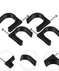 Close-up of black 25mm round plastic tube clamps with steel nails, showing heavy-duty half clamp fixtures for pipe support