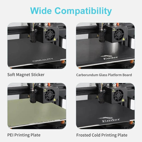 Wide compatibility of CR Touch Auto Leveling Kit with various Ender 3D printer bed surfaces like magnet, glass, PEI, and cold plate.