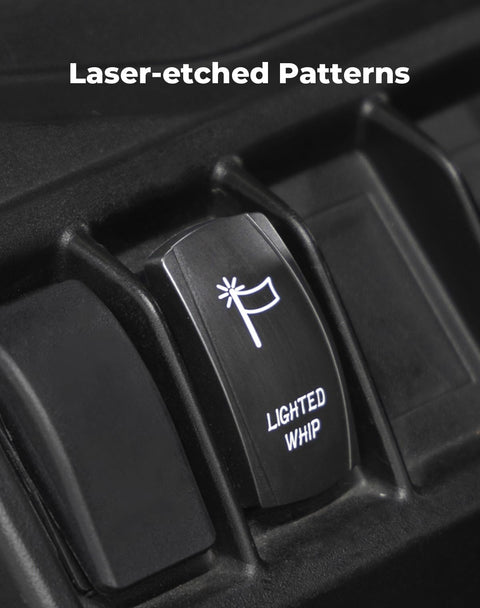 Whip Lights Rocker Switch With Wiring Harness Kit for 12V UTV ATV shown with laser-etched lighted whip icon