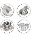 Beefy Four Claw Stainless Steel T Nuts Knock In Captive Nut Inserts For Wood And Speaker Enclosures, 304 Stainless, Five Sixteenths Inch By Eighteen Threads, 11mm Length, Pack Of 10 shown in close-up view