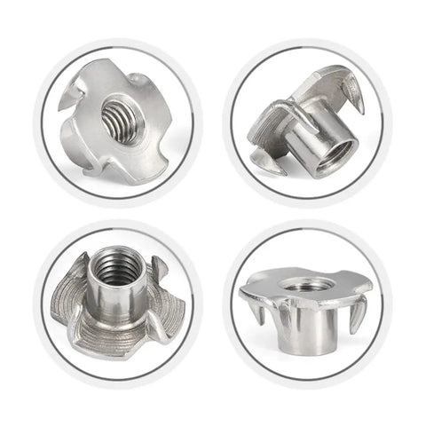 Beefy Four Claw Stainless Steel T Nuts Knock In Captive Nut Inserts For Wood And Speaker Enclosures, 304 Stainless, Five Sixteenths Inch By Eighteen Threads, 11mm Length, Pack Of 10 shown in close-up view
